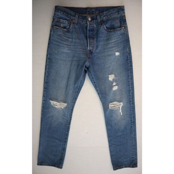 Levi's 501 Women's Sz 28x30 Blue High Rise Straight Button Fly Distressed Jeans - Picture 1 of 11